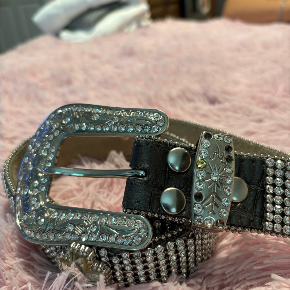 Nocona Silver Belt with Ornate Metalwork and Rhinestones - Picture 1 of 3